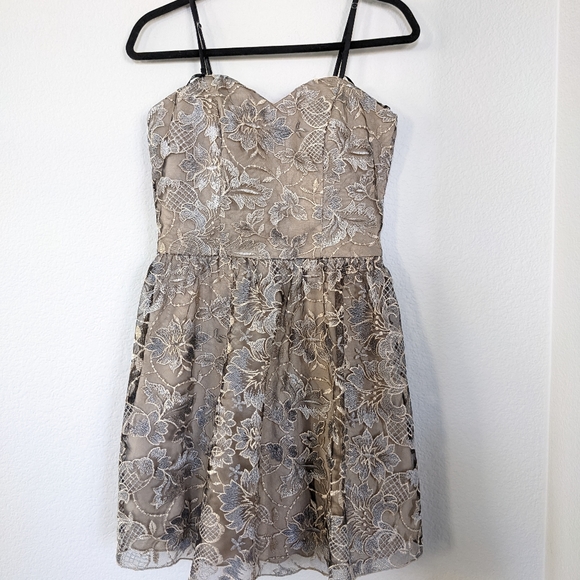 Xtraordinary Embroidered Floral and Lace Mini Dress, Silver and Nude, Junior 11 - Picture 5 of 9